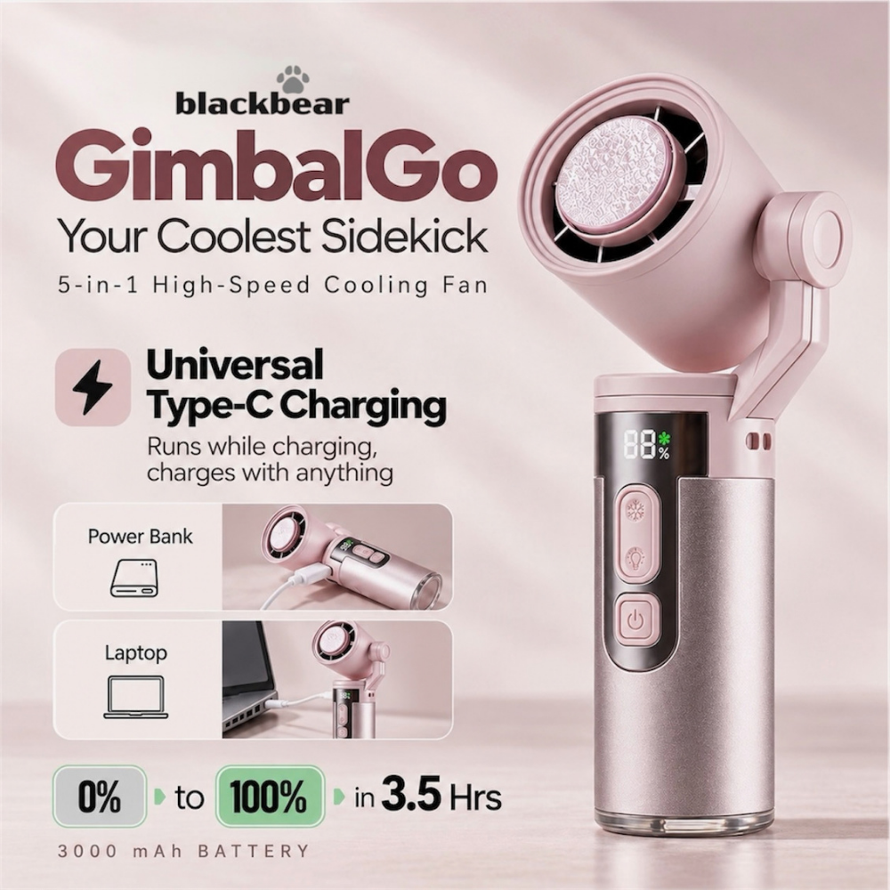 BlackBear GimbalGo Portable Hand Fan | 15000+ RPM | IceTouch Cooling | 180° Adjustable Head + Sling | Built-in Torch | 3000mAh Rechargeable Battery, Up to 12H | 12-Month Warranty | Sakura Pink