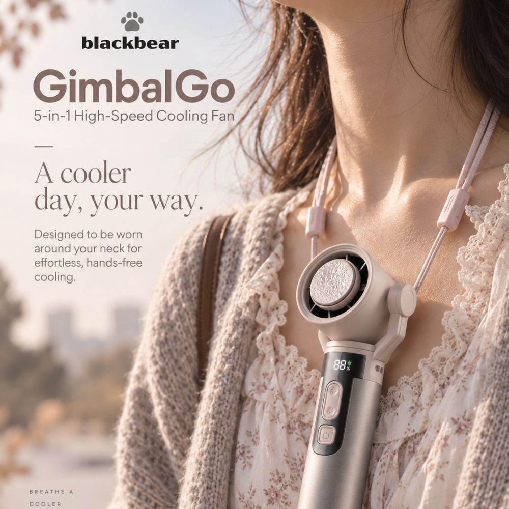 BlackBear GimbalGo Portable Hand Fan | 15000+ RPM | IceTouch Cooling | 180° Adjustable Head + Sling | Built-in Torch | 3000mAh Rechargeable Battery, Up to 12H | 12-Month Warranty | Sakura Pink