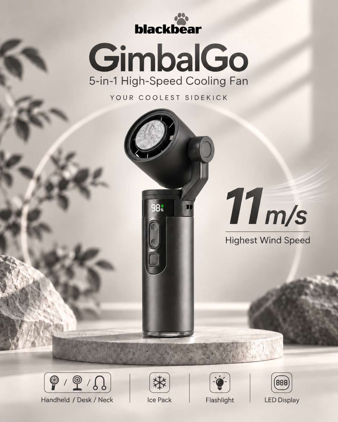 BlackBear GimbalGo Portable Hand Fan | 15000+ RPM | IceTouch Cooling | 180° Adjustable Head + Sling | Built-in Torch | 3000mAh Rechargeable Battery, Up to 12H | 12-Month Warranty | Black