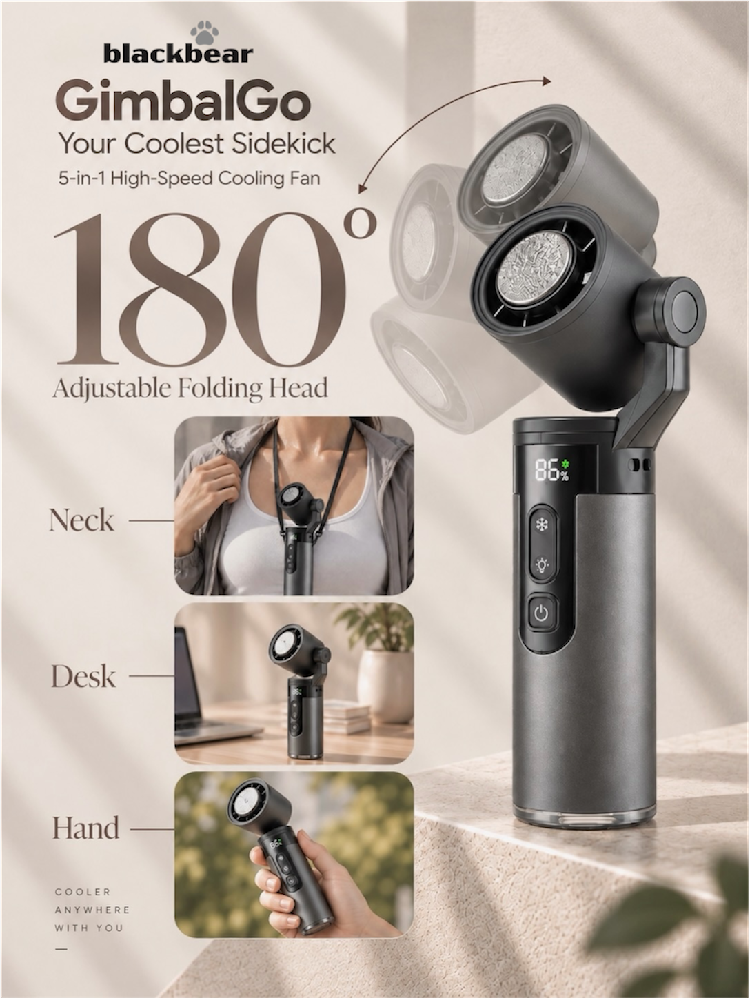 BlackBear GimbalGo Portable Hand Fan | 15000+ RPM | IceTouch Cooling | 180° Adjustable Head + Sling | Built-in Torch | 3000mAh Rechargeable Battery, Up to 12H | 12-Month Warranty | Black