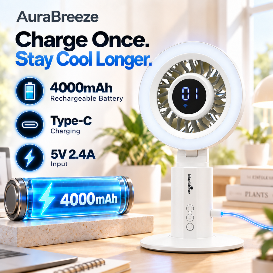 Blackbear Z12 AuraBreeze Desk Fan White | 120° Auto Oscillation | Smart Display with RGB Light | 4000mAh Rechargeable Battery | Up to 12 Hours Battery | Silent BLDC Motor | 12 Month Warranty