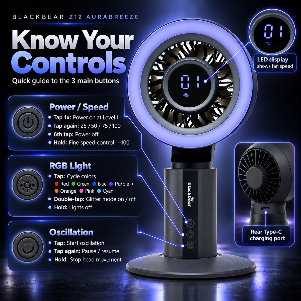 Blackbear Z12 AuraBreeze Desk Fan Grey | 120° Auto Oscillation | Smart Display with RGB Light | 4000mAh Rechargeable Battery | Up to 12 Hours Battery | Silent BLDC Motor | 12 Month Warranty