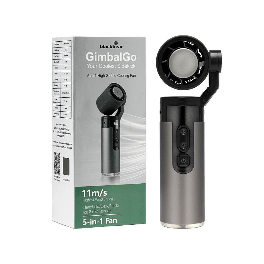 BlackBear GimbalGo Portable Hand Fan | 15000+ RPM | IceTouch Cooling | 180° Adjustable Head + Sling | Built-in Torch | 3000mAh Rechargeable Battery, Up to 12H | 12-Month Warranty | Black