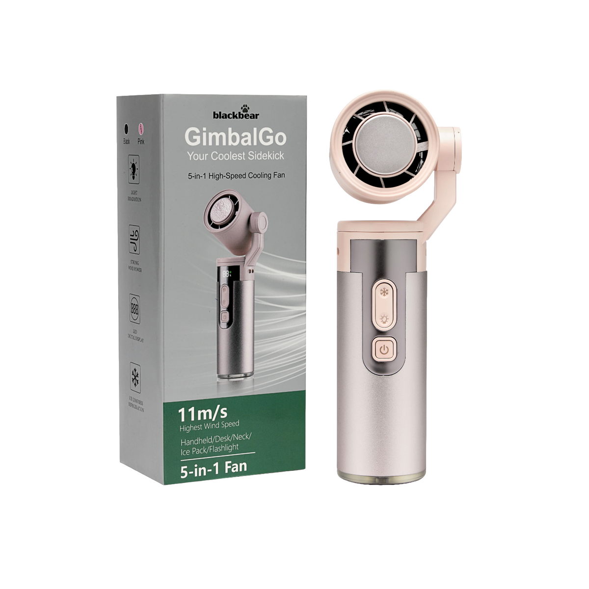 BlackBear GimbalGo Portable Hand Fan | 15000+ RPM | IceTouch Cooling | 180° Adjustable Head + Sling | Built-in Torch | 3000mAh Rechargeable Battery, Up to 12H | 12-Month Warranty | Sakura Pink