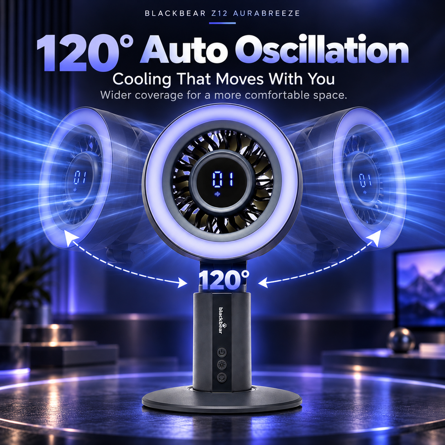Blackbear Z12 AuraBreeze Desk Fan Grey | 120° Auto Oscillation | Smart Display with RGB Light | 4000mAh Rechargeable Battery | Up to 12 Hours Battery | Silent BLDC Motor | 12 Month Warranty