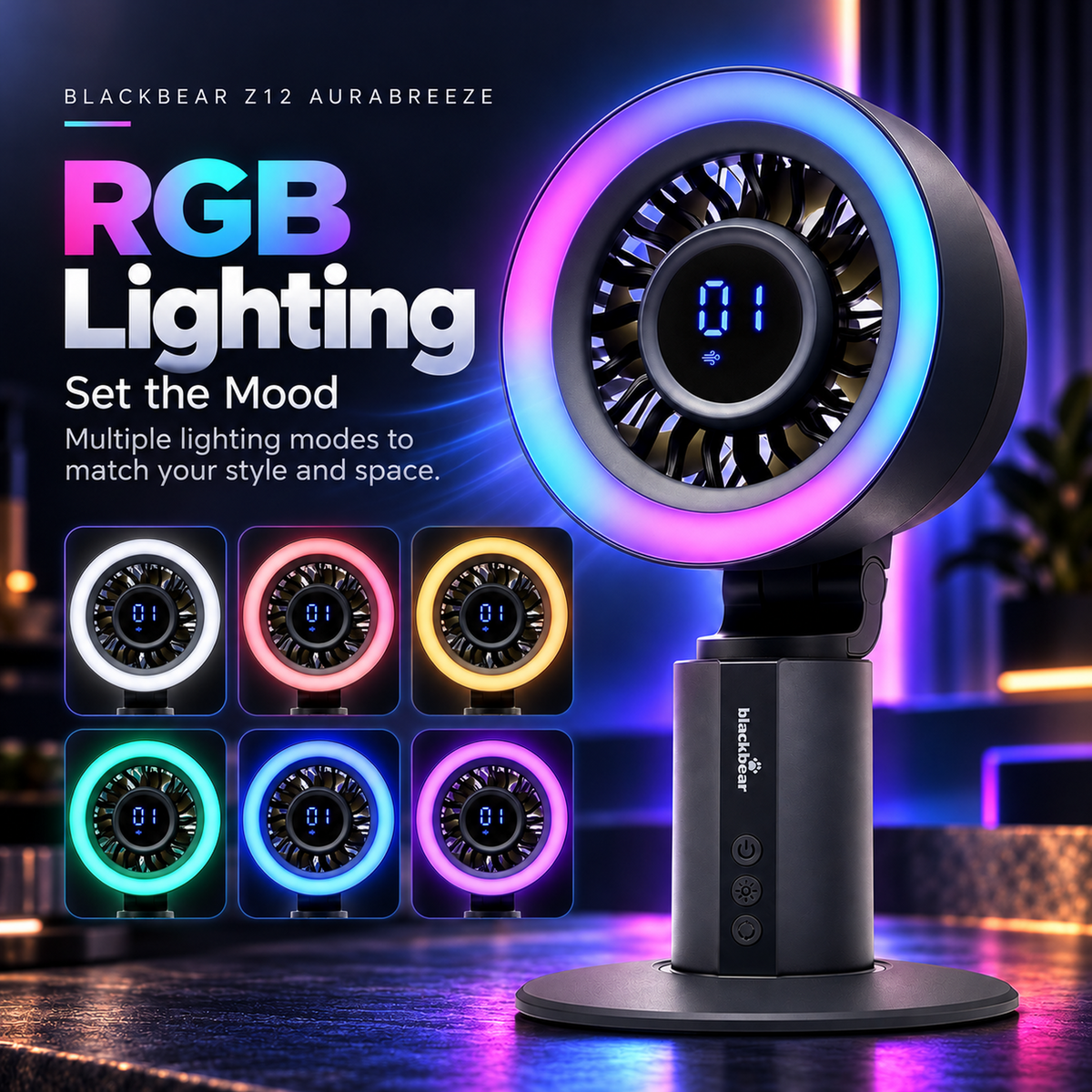 Blackbear Z12 AuraBreeze Desk Fan Grey | 120° Auto Oscillation | Smart Display with RGB Light | 4000mAh Rechargeable Battery | Up to 12 Hours Battery | Silent BLDC Motor | 12 Month Warranty