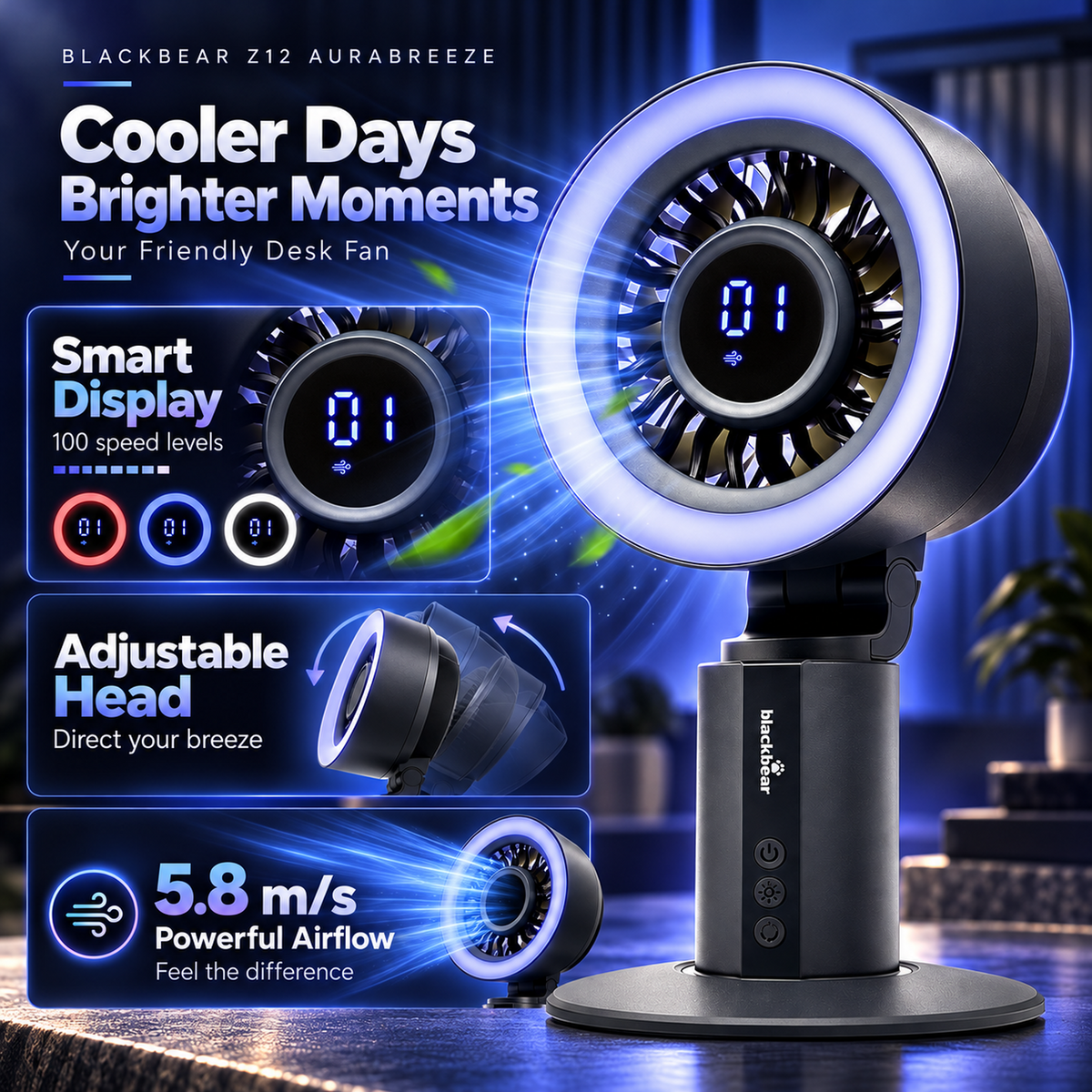 Blackbear Z12 AuraBreeze Desk Fan Grey | 120° Auto Oscillation | Smart Display with RGB Light | 4000mAh Rechargeable Battery | Up to 12 Hours Battery | Silent BLDC Motor | 12 Month Warranty