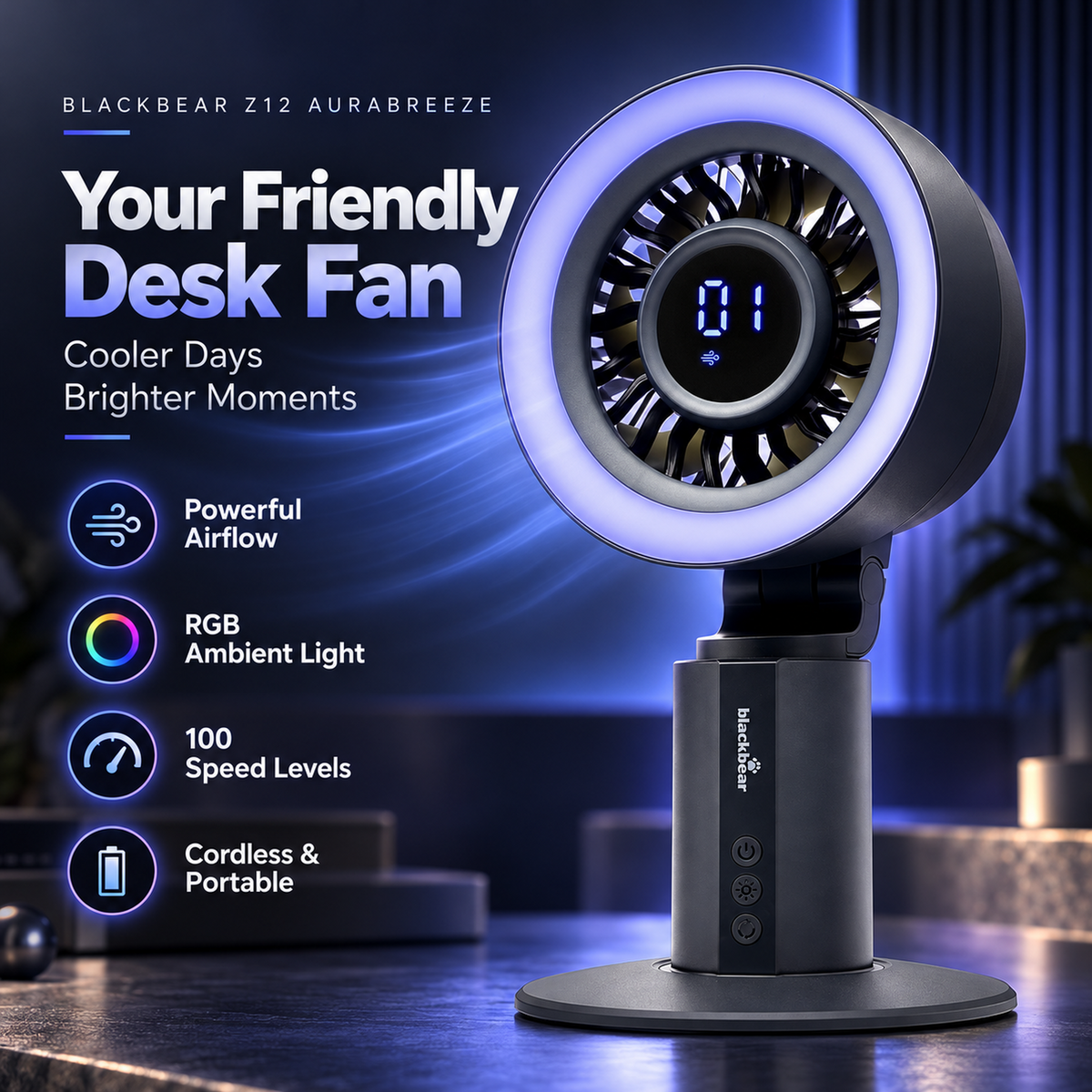 Blackbear Z12 AuraBreeze Desk Fan Grey | 120° Auto Oscillation | Smart Display with RGB Light | 4000mAh Rechargeable Battery | Up to 12 Hours Battery | Silent BLDC Motor | 12 Month Warranty