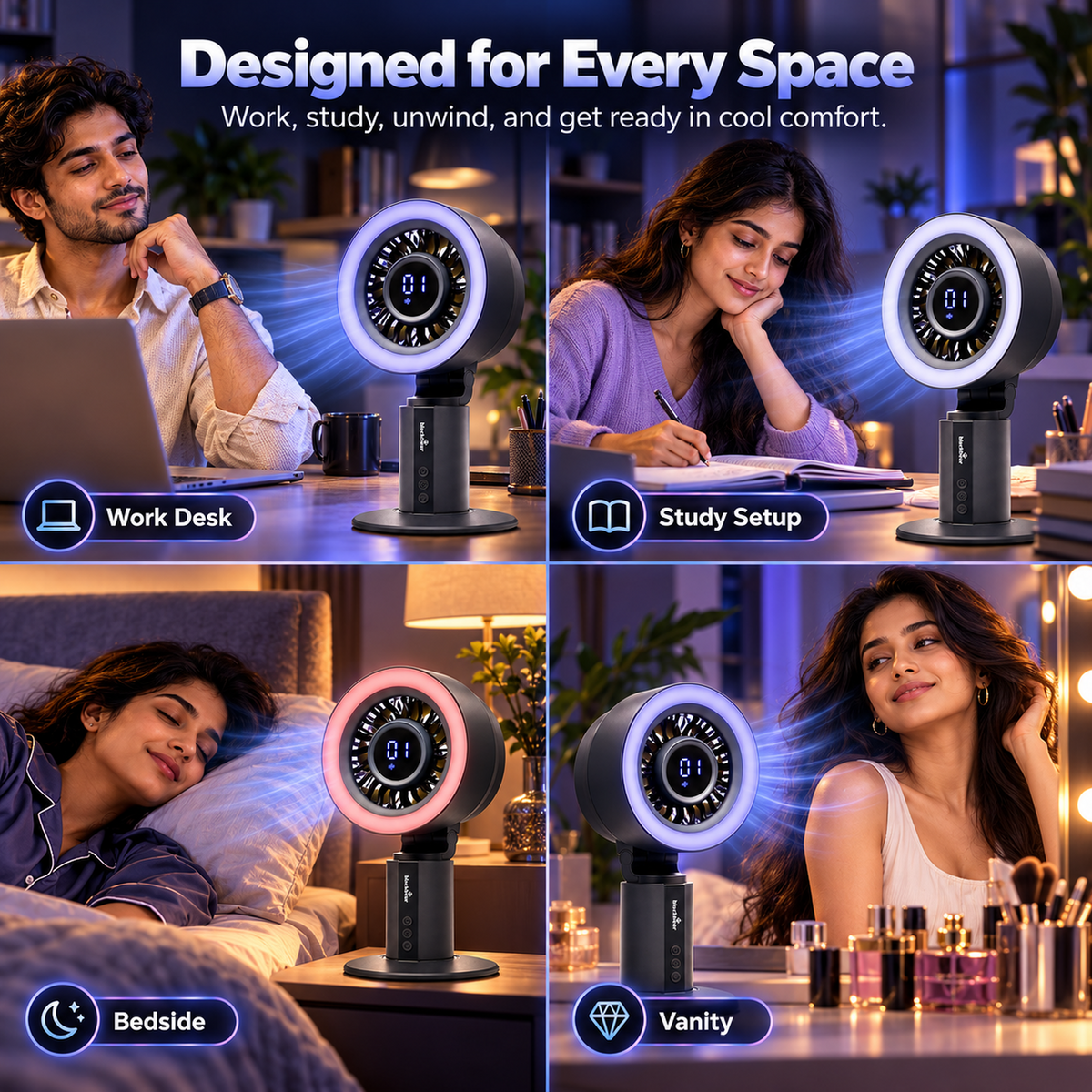 Blackbear Z12 AuraBreeze Desk Fan Grey | 120° Auto Oscillation | Smart Display with RGB Light | 4000mAh Rechargeable Battery | Up to 12 Hours Battery | Silent BLDC Motor | 12 Month Warranty