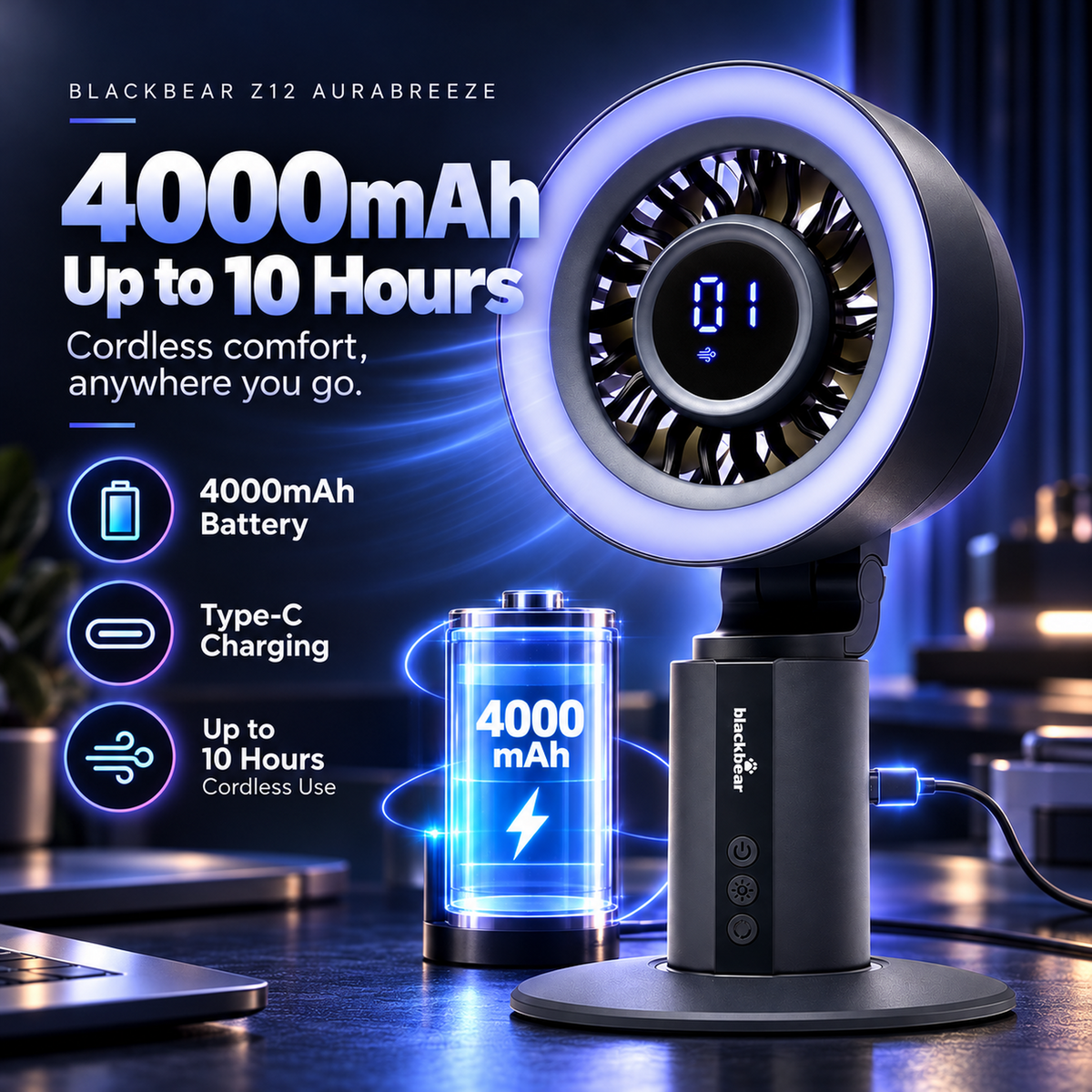 Blackbear Z12 AuraBreeze Desk Fan Grey | 120° Auto Oscillation | Smart Display with RGB Light | 4000mAh Rechargeable Battery | Up to 12 Hours Battery | Silent BLDC Motor | 12 Month Warranty